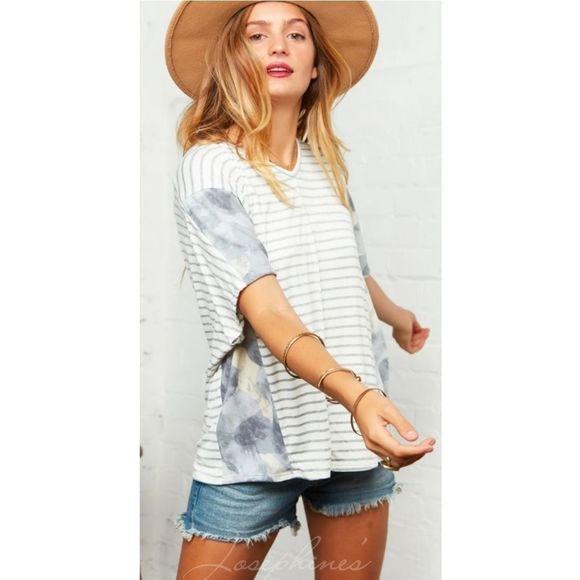 Ivory And Grey Stripe Camo Top - Picture 3 of 6